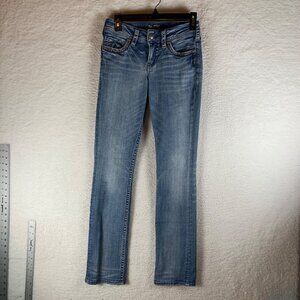 Silver Jeans Co. Women's Suki Mid Rise Baby Boot Cut Blue Stretch Jeans Sz 26x33